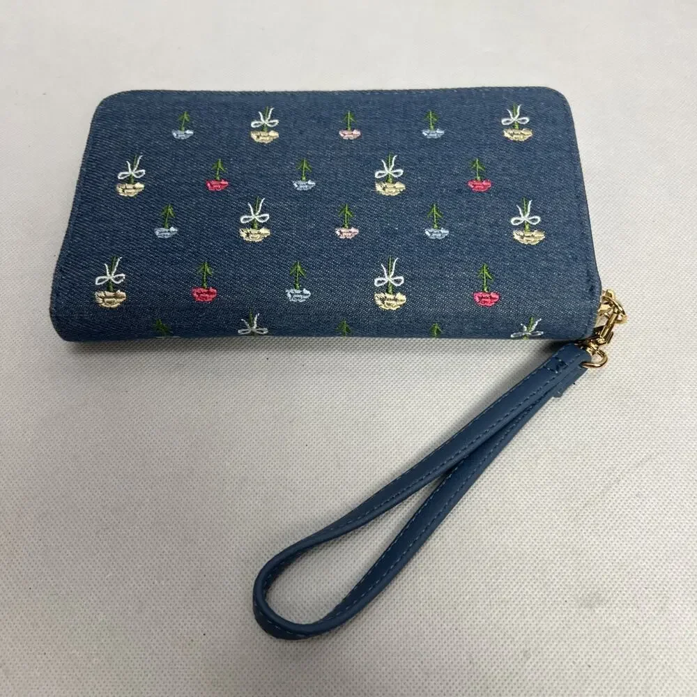 NWT Betsey Johnson Zip Around Wallet Wristlet Blue Denim W Embroidered Flowers